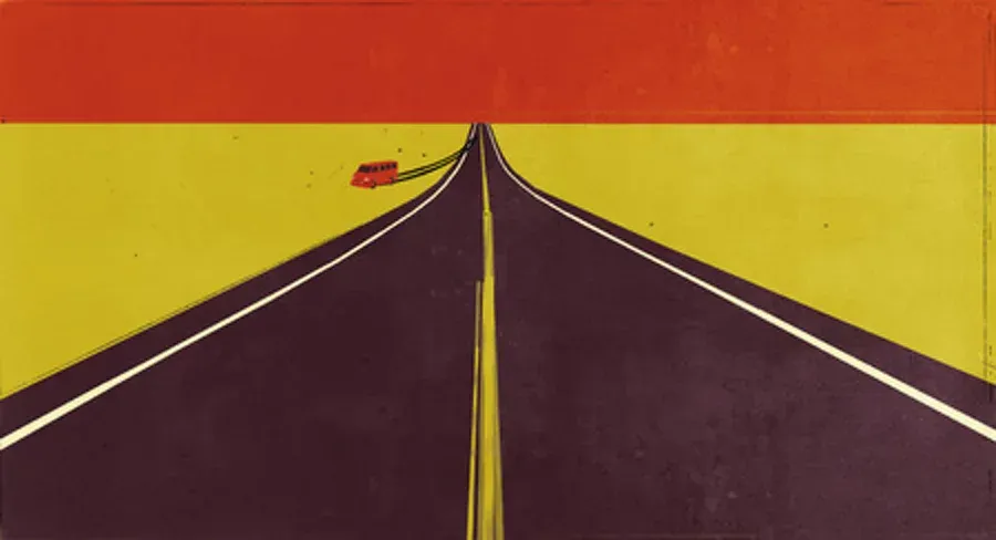 Illustrazione: una lunga strada dritta verso l'orizzonte percorsa da un piccolo autobus rosso