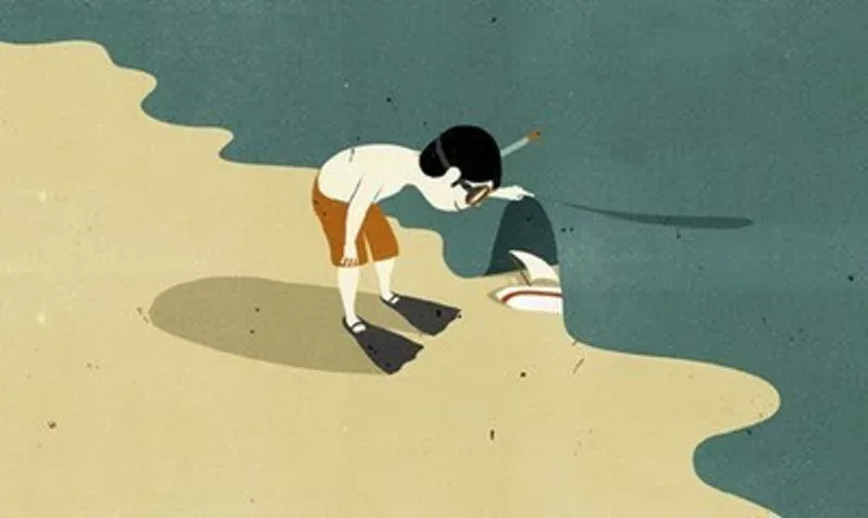 Illustrazione: un bambino che solleva il bordo della riva del mare come fosse un tappeto