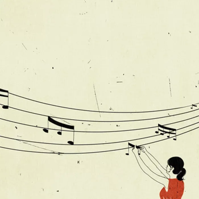 Illustrazione: una ragazza che solleva con le mani le righe di un pentagramma pieno di note