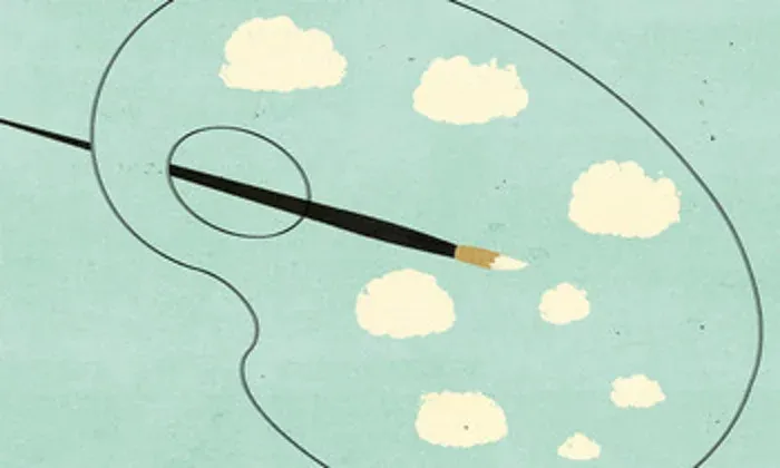 Illustrazione: un pennello appoggiato su una tavolozza disegnata tra nuvole bianche